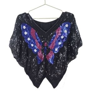 Vintage Glam Black Sequin Butterfly Dolman Top M
